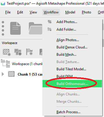 Now choose the „Build Orthomosaic“ button in Workflow.