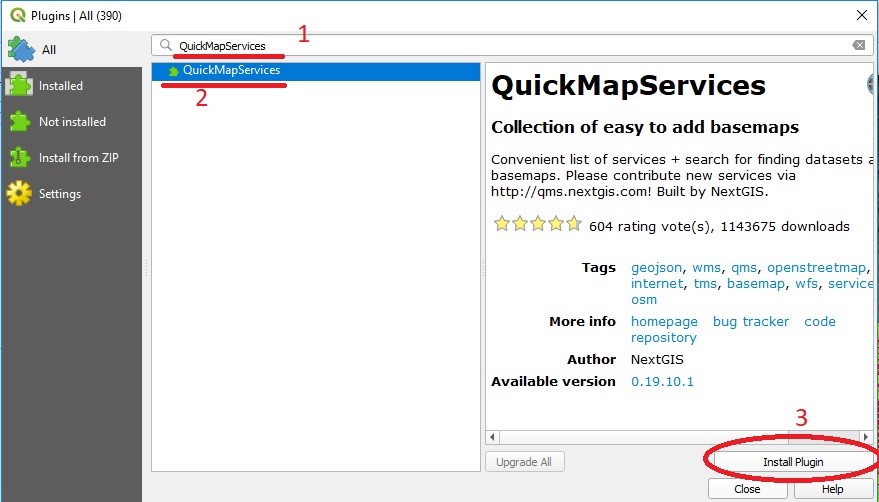 Then type in „QuickMapServices“, click on it and hit Install Plugin.