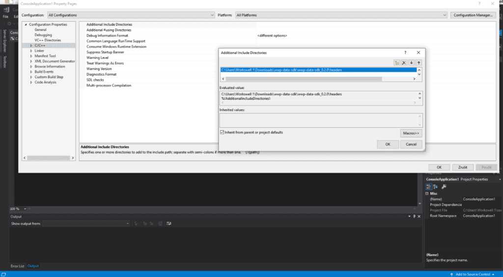 Figure 1. Adding SDK headers to Additional Include Directories