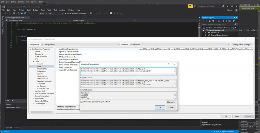 Figure 2. Adding SDK binaries to linker Additional Dependencies.