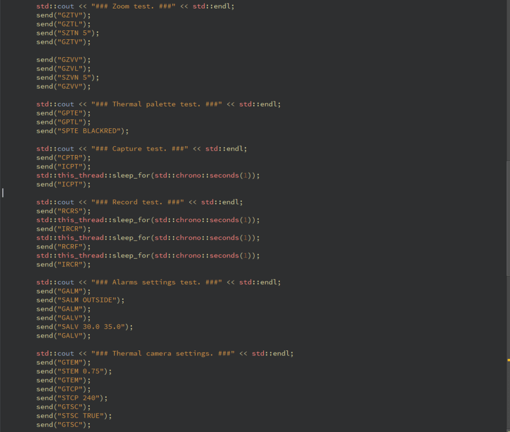 Figure 4. Sending commands for zoom control, setting palettes, thermal parameters and stream capture